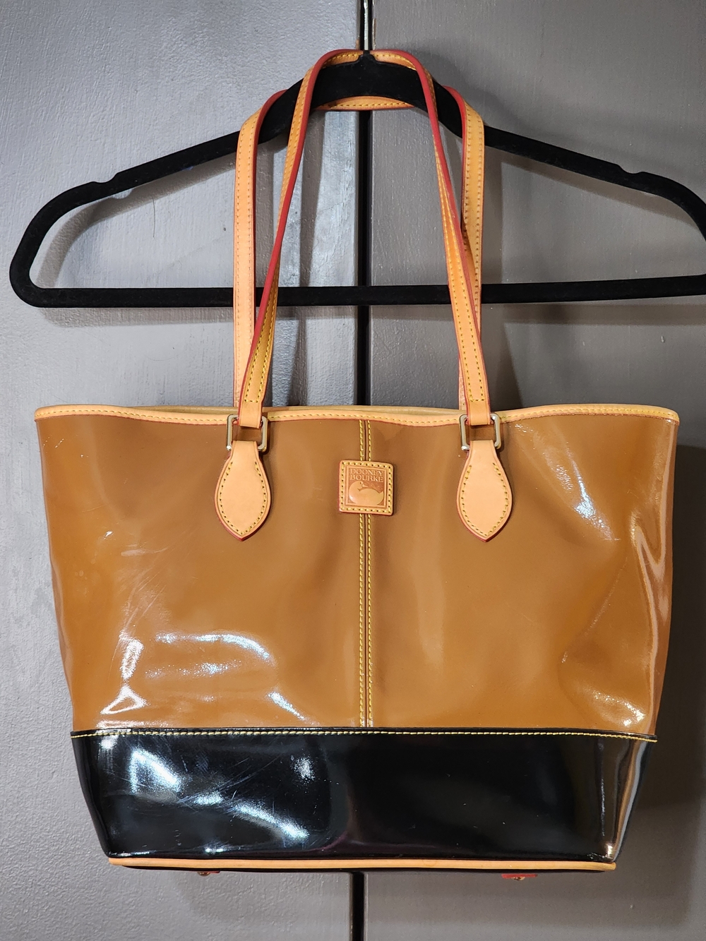 Dooney & Bourke Patent Two-Tone Tote in Tan and Black